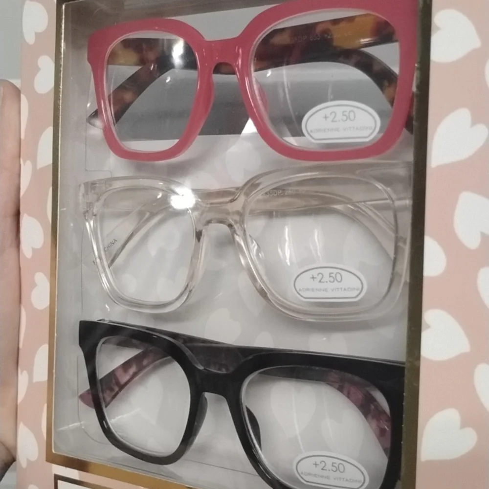 Adrienne Vittadini 3-Pack Reading Glasses in Pink, Clear, Black +2.50